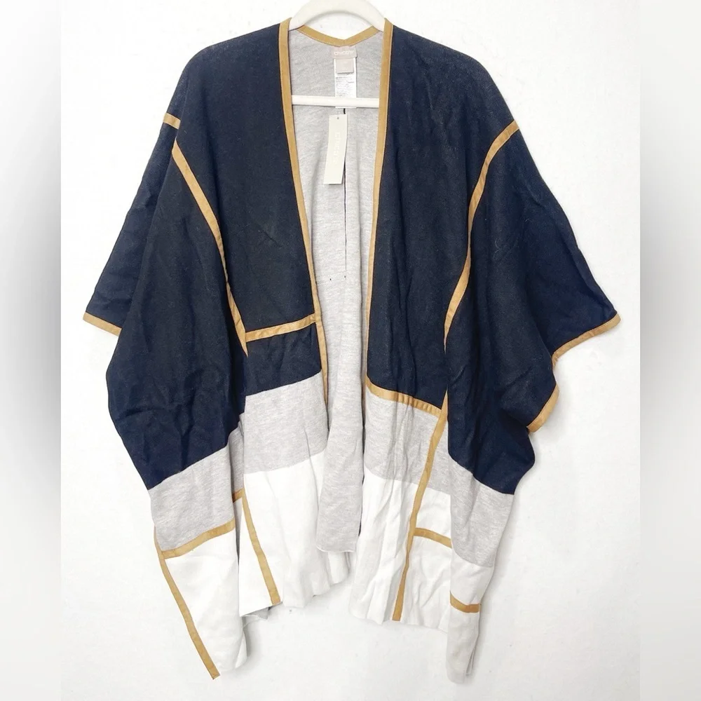 Chico's NWT Colorblock Neutral Stripe Ruana Wrap Open Cardigan Black Tan Neutral